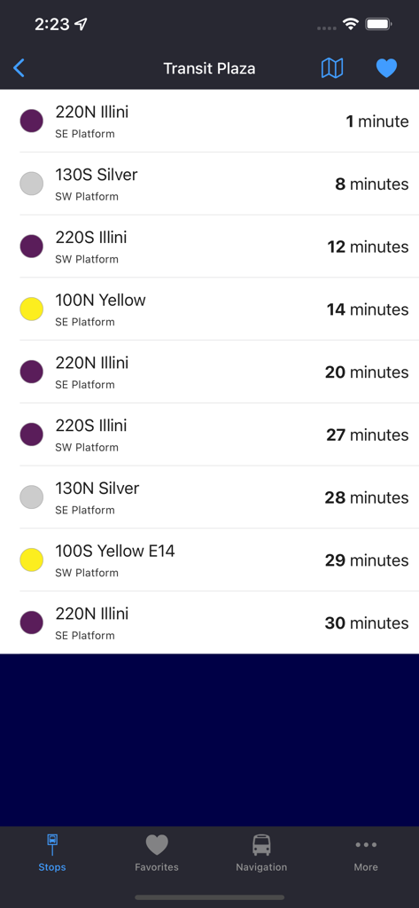 A list of real time bus departure times for Transit Plaza in Champaign Urbana