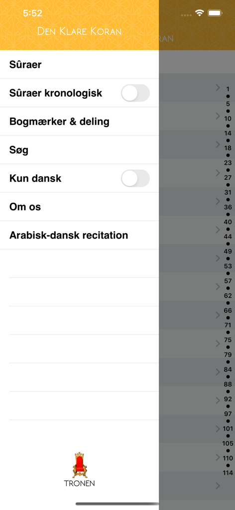 Sidebar navigation menu of the Den Klare Koran app in Danish featuring search and settings options
