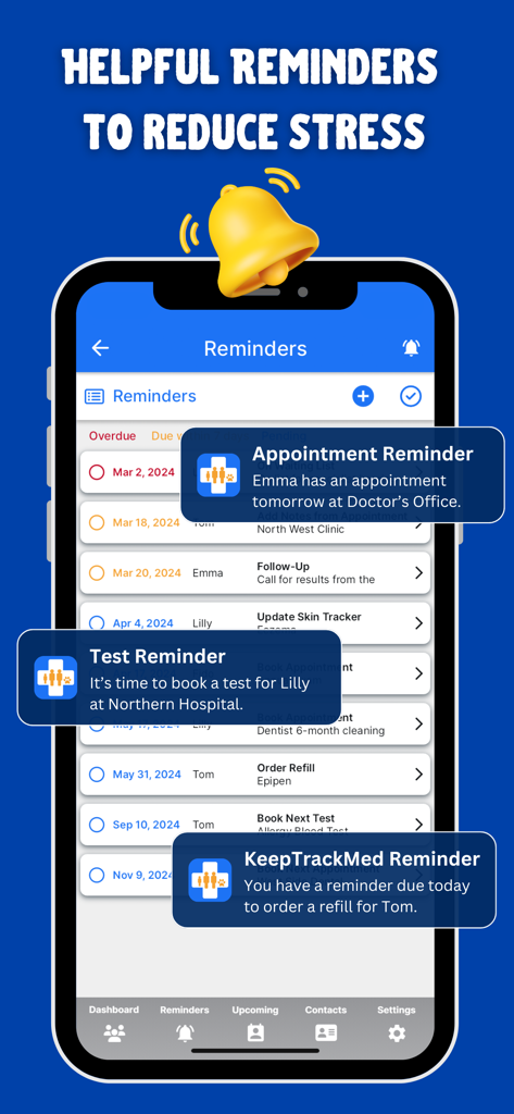 A smartphone screen showing organized healthcare reminders for medical appointments and medication refills in the KeepTrackMed app.