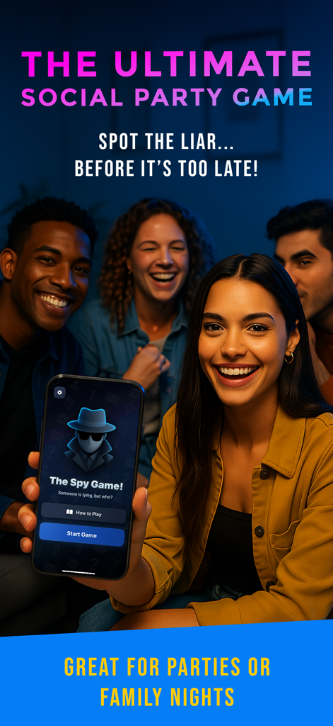 The Spy Game - Imposter Party - Un grupo de amigos sonriendo jugando a la aplicación de deducción social The Spy Game en un teléfono móvil en una fiesta