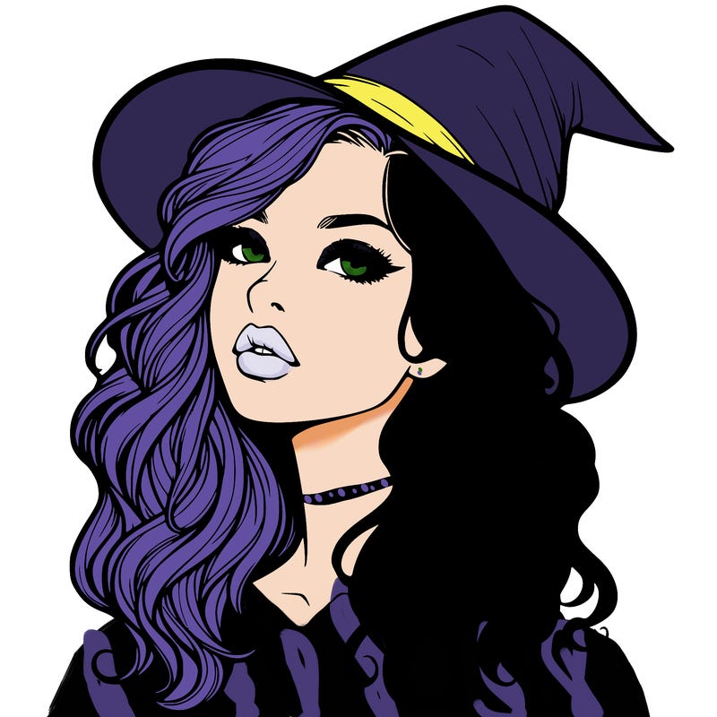realistic witch girl with wavy hair and lips