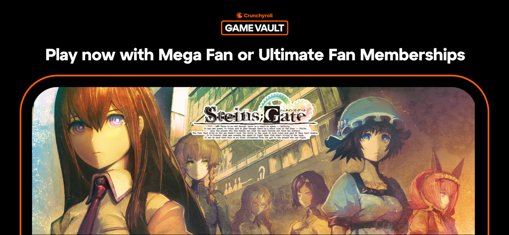 Banner promocional de Steins Gate en Crunchyroll Game Vault para miembros Mega Fan y Ultimate Fan.