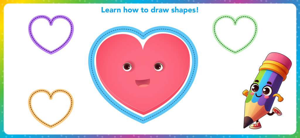 Toddler Coloring Book for Kids - Uma tela de aplicativo de colorir infantil para aprender a desenhar formas de coração com um personagem de lápis amigável