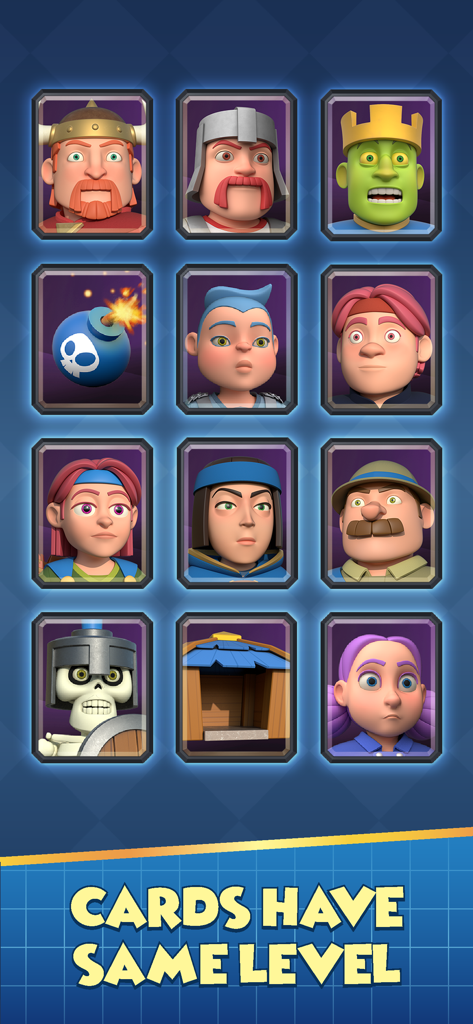 Boom Arena - A collection of Boom Arena character cards with text explaining that all cards are the same level for fair gameplay