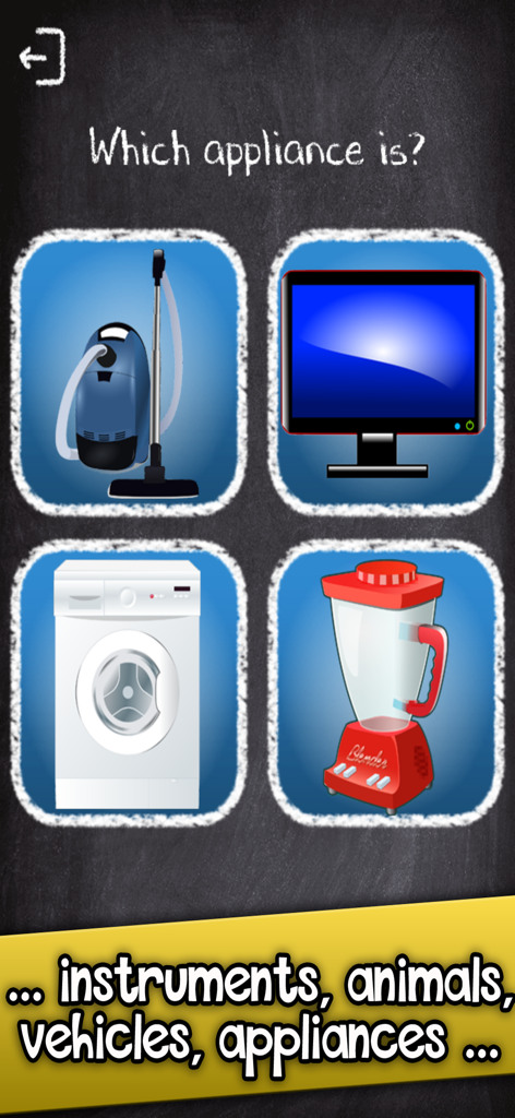Pantalla de juego educativo para niños pequeños que pide identificar electrodomésticos como una aspiradora y una lavadora por su sonido.