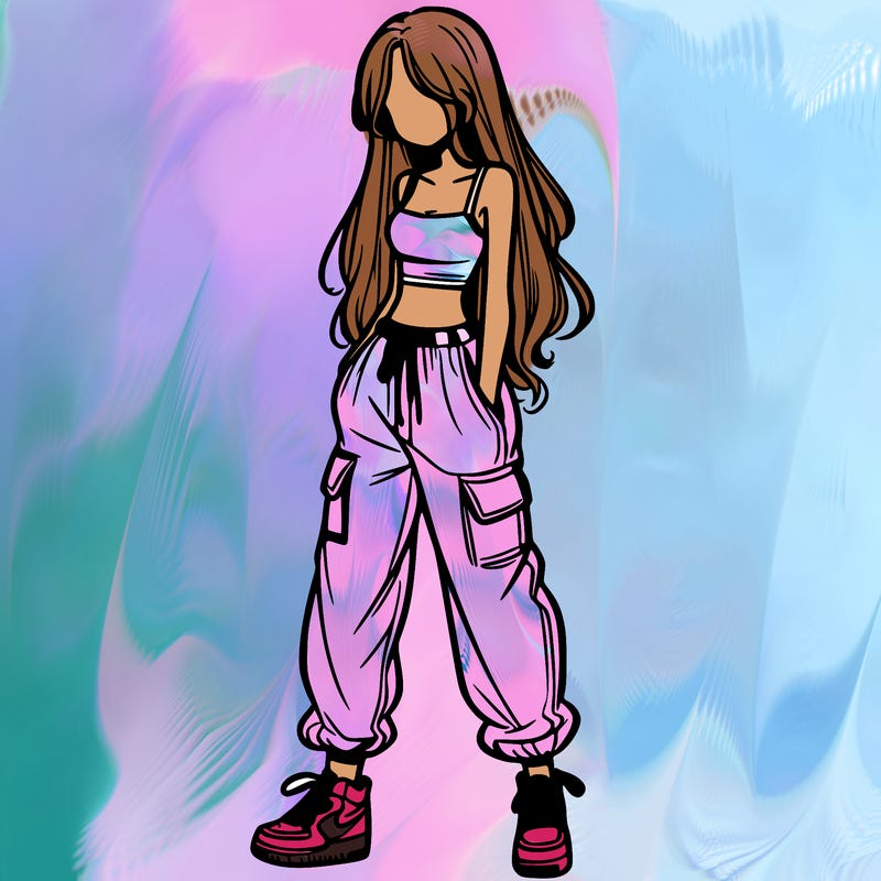 girl in baggy pants crop top and long hair