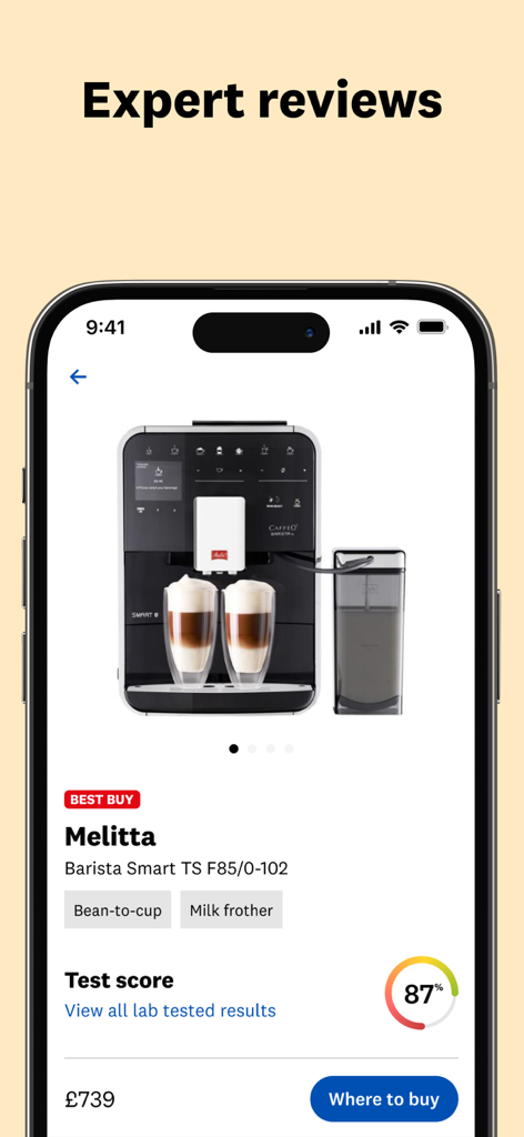 Uma captura de ecrã da aplicação Which? mostrando uma avaliação de especialista para uma máquina de café Melitta com uma classificação de Melhor Compra e uma pontuação de teste de 87 por cento.