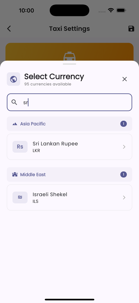 Écran de sélection de devise dans l'application Speed Meter Pro pour les tarifs de taxi mondiaux.