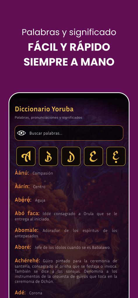 Yoruba App – Cultura Ifá - Interfaz del diccionario de Yoruba a Español en la Yoruba App mostrando definiciones de palabras y barra de búsqueda