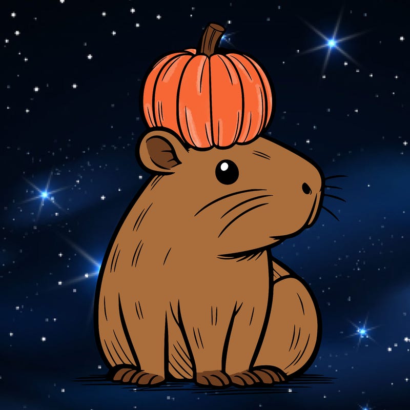 capybara with pumpkin on head