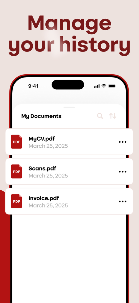 PDF Creator & Document Maker - Interface de l'application montrant une liste de documents PDF enregistrés dans la vue historique