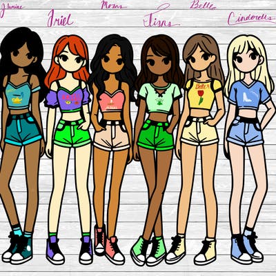 a group of girls wearing crop tops and shorts