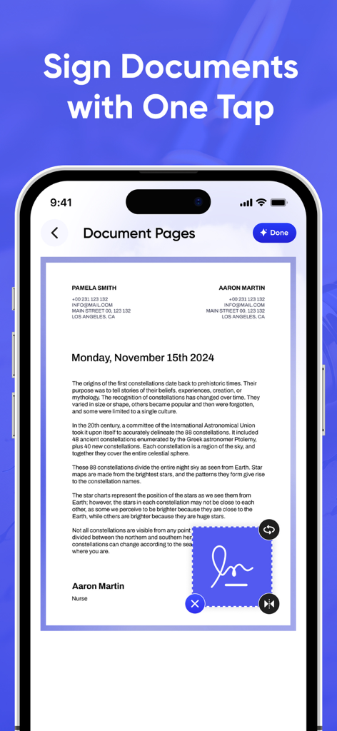 DigiSign - Sign PDF & Document - DigiSign-Mobile-App-Oberfläche, die zeigt, wie eine digitale Signatur auf einem PDF-Dokument auf einem iPhone angewendet wird.