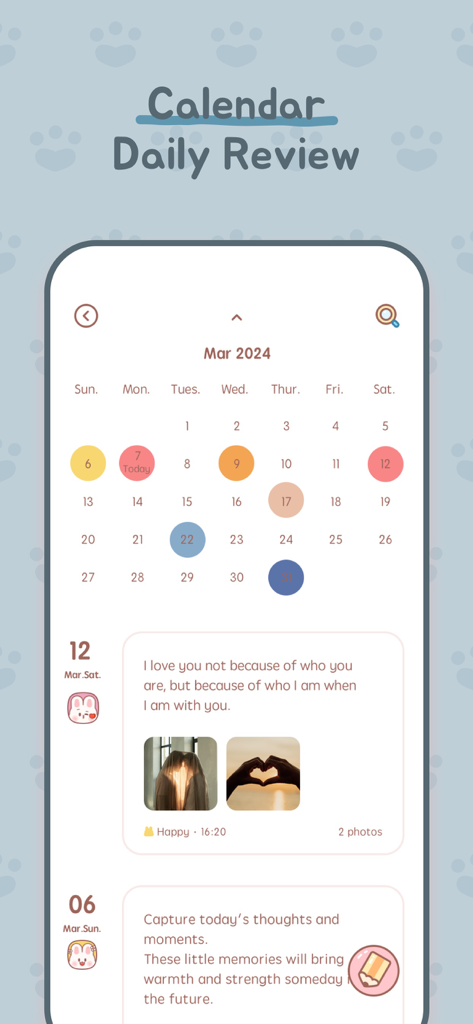 My Diary With Lock - Vista de calendario de una aplicación de diario lindo que muestra el seguimiento diario del estado de ánimo y las entradas del diario con fotos.
