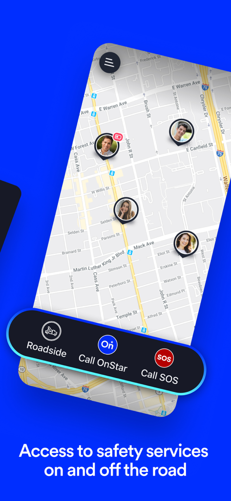 OnStar Guardian app mostrando um mapa de localização familiar e botões de acesso rápido para assistência na estrada e serviços de emergência SOS.