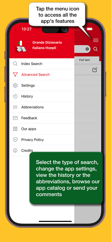 Dizionario Italiano Gabrielli - Dizionario Italiano Gabrielliアプリのメインメニュー画面。検索と設定のオプションが表示されています。