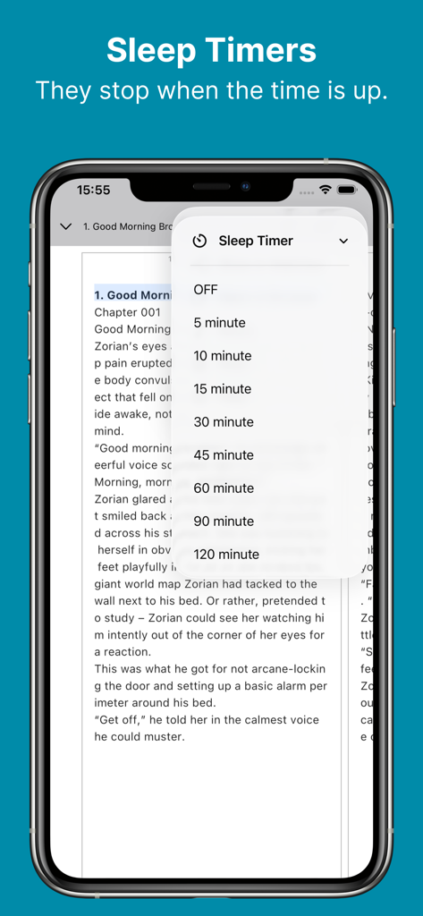 NovelVoice - Novels read aloud - Interface do app NovelVoice mostrando o menu do timer de sono com opções de duração sobre um capítulo de web novel.