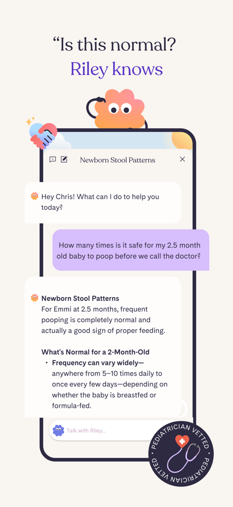 Riley: Baby Development Coach - Schermata dello smartphone che mostra la chat AI dell'app Riley che fornisce consigli verificati da pediatri sullo sviluppo del bambino
