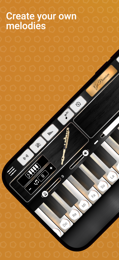Piccolo Sim - Piccolo Sim App-Oberfläche, die eine musikalische Tastatur und Instrumentenanzeige zur Erstellung von Melodien zeigt