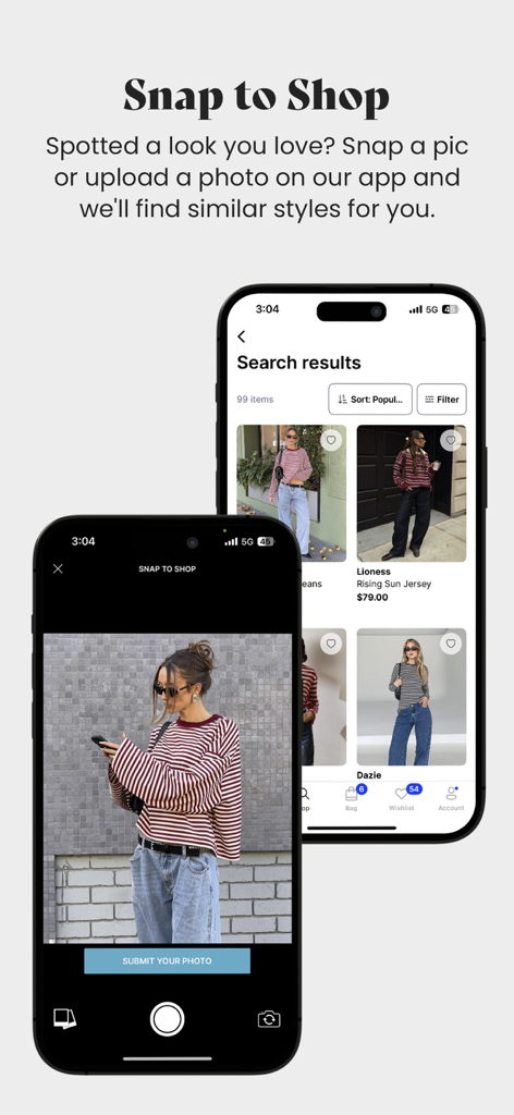 THE ICONIC – Fashion Shopping - THE ICONIC app interface showing the Snap to Shop visual search feature to find similar clothing styles by uploading a photo