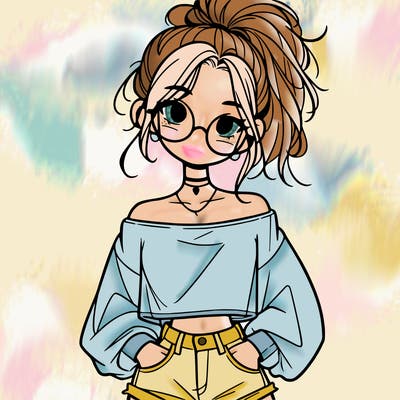 girl with a messy ponytail glasses a baggy crop top and jean shorts