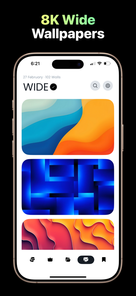 Lagguy Wallpaper Background - A screenshot of the Lagguy Wallpaper app displaying a collection of 8K wide abstract backgrounds on an iPhone.