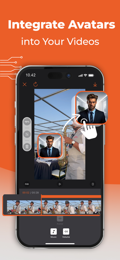 Avatalk - AI Video Generator - A mobile interface showing the integration of an AI avatar into a video recording