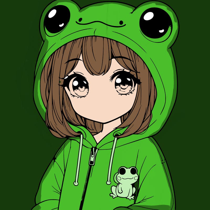 cute realistic girl in a froggy hoodie