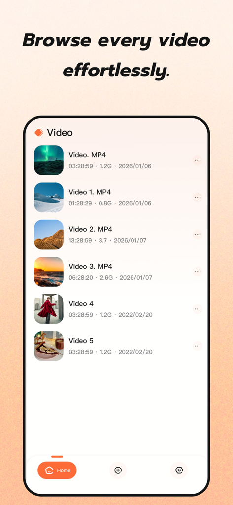 Una captura de pantalla de la interfaz de la aplicación Video Exclusivo Lens que muestra una lista limpia de archivos de video locales con miniaturas y metadatos de archivo.