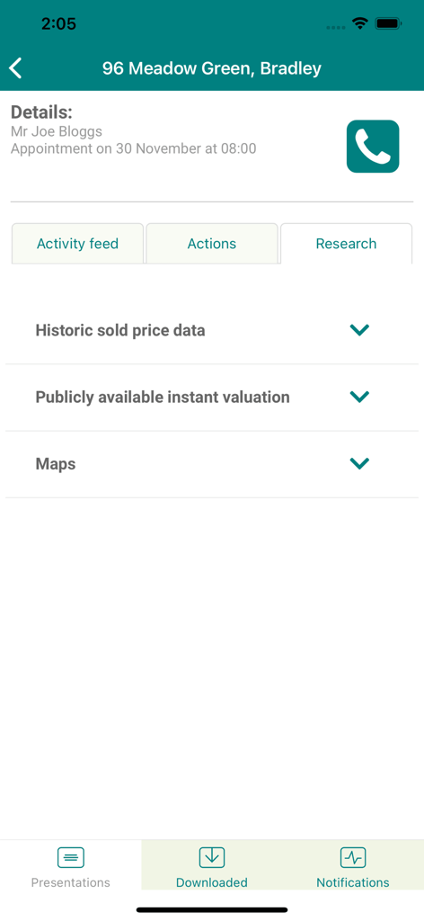 Acaboom - Acaboom-Mobile-App-Bildschirm, der Daten zur Immobilienmarktforschung und -bewertung für Immobilienmakler anzeigt