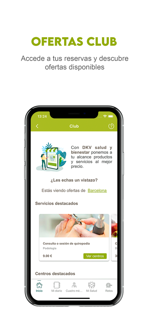 DKV Quiero cuidarme Más - DKV Quiero cuidarme Mas app screen showing health and wellness club offers and medical service discounts