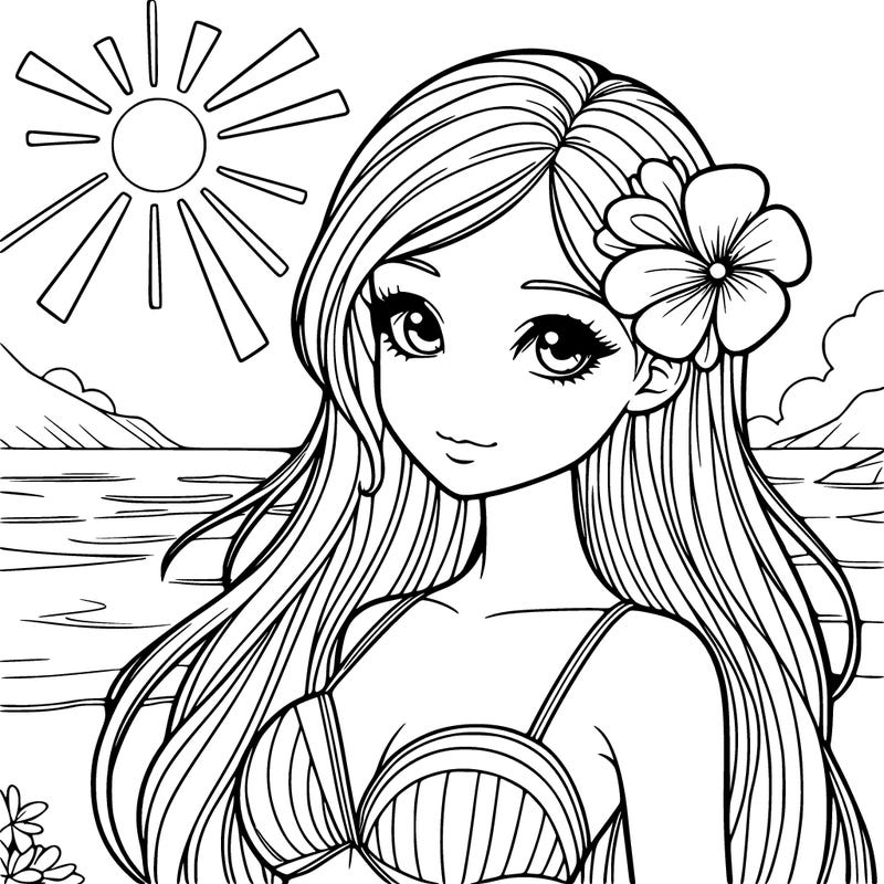 realistic girl with a flower on her hair and standing outside in the sun at the beach with a swimsuit on
