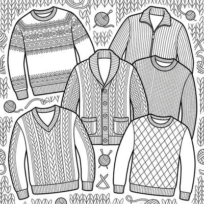 Discover a charming collection of men's sweaters and cardigans, each featuring unique textures and patterns ready for your creative touch. This page offers a delightful escape into the world of knitwear, perfect for fashion enthusiasts and coloring fans alike.