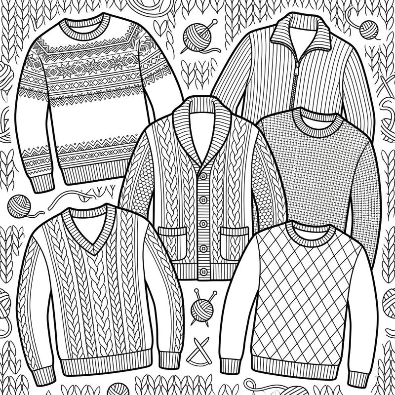 Discover a charming collection of men's sweaters and cardigans, each featuring unique textures and patterns ready for your creative touch. This page offers a delightful escape into the world of knitwear, perfect for fashion enthusiasts and coloring fans alike.