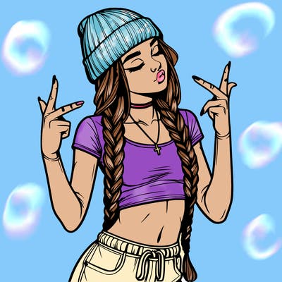 realistic teenage girl with braids and a beanie and crop top doing 🫶🏼