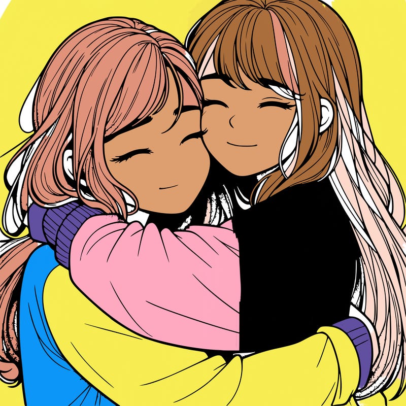 realistic two girls hugging