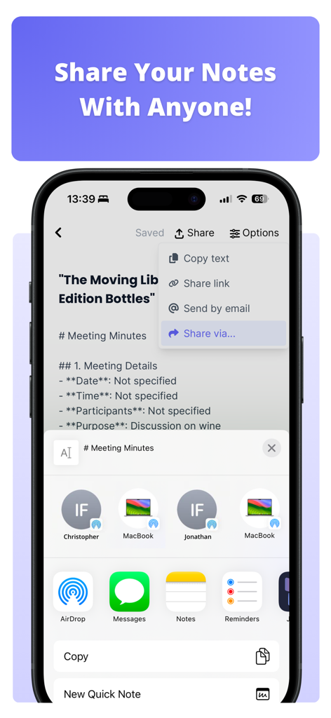 Interface of Talknotes app showing options to share transcribed notes via email, text, or other apps