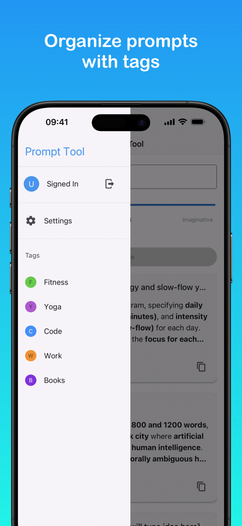 Prompt Tool - A side menu in the Prompt Tool app showing options to organize prompts with tags like Fitness and Code