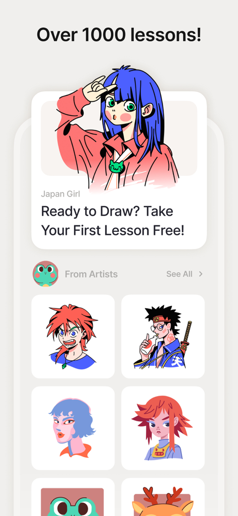Skribly: Draw with friends - A gallery of anime and character drawing lessons within the Skribly app interface showing over 1000 tutorials.