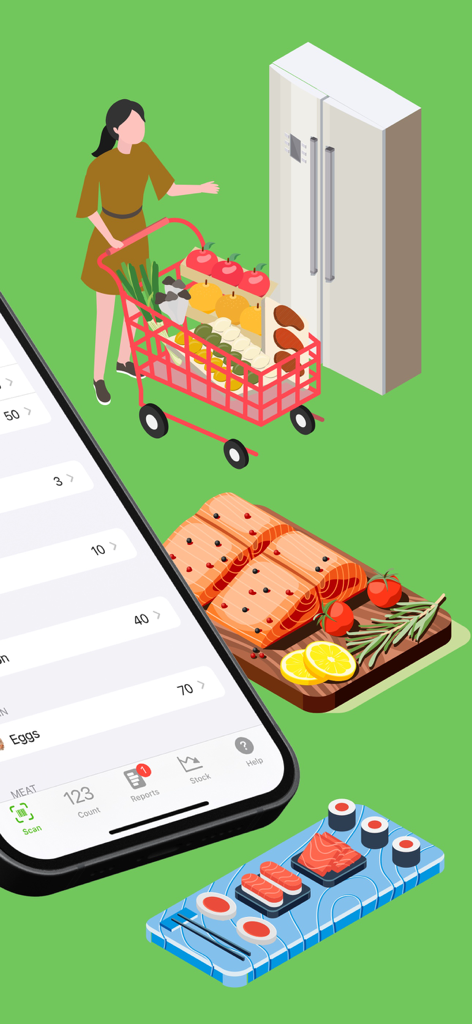 ChefStock 앱 인터페이스에 쇼핑 카트 및 신선한 식자재 일러스트가 표시된 음식 재고 추적 기능