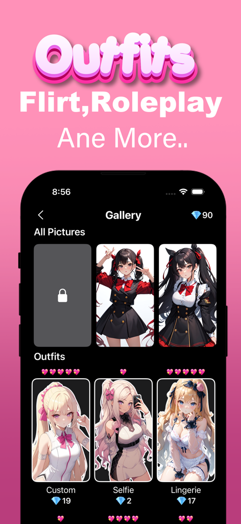 Waifu AI Anime Girlfriend Chat - Vista de galería dentro de la aplicación de Waifu AI que muestra varios atuendos de personajes de anime y opciones de personalización de roleplay