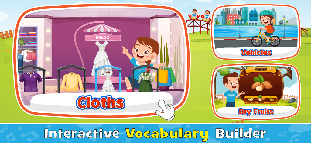 Baby Games: Learning English - Pantalla interactiva de construcción de vocabulario que muestra categorías de ropa, vehículos y alimentos para niños pequeños.