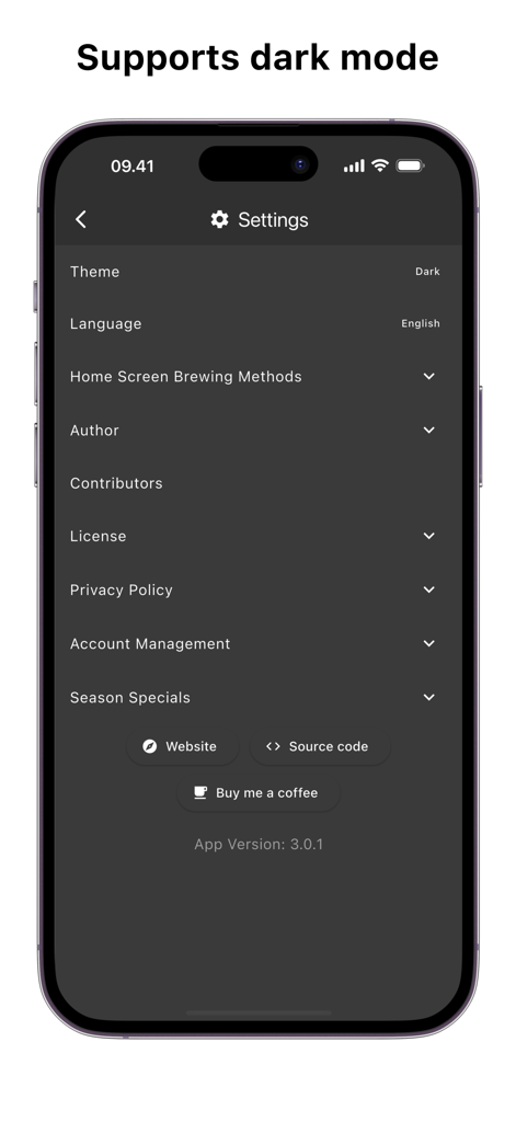 Timer.Coffee - Menú de configuración de la aplicación Timer.Coffee que muestra el tema y las opciones de configuración del modo oscuro.