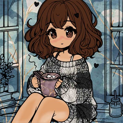 cute anime girl reading book and drinking hot chocolate from mug with loose wavy hair wearing a baggy sweatshirt and shorts sitting by windowsill looking out