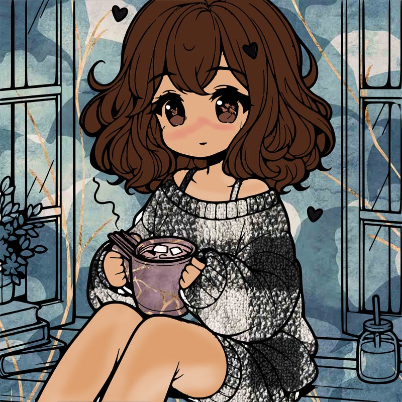 cute anime girl reading book and drinking hot chocolate from mug with loose wavy hair wearing a baggy sweatshirt and shorts sitting by windowsill looking out