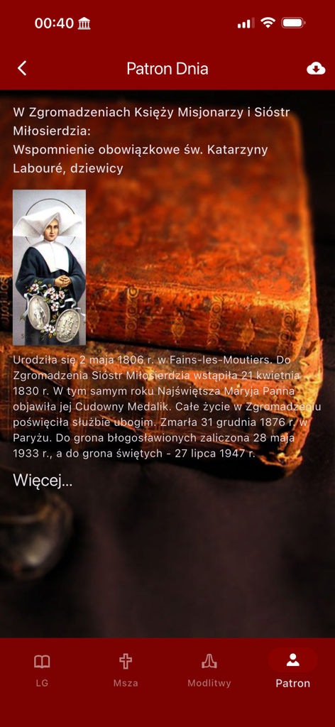 Brewiarz - Screenshot of the Brewiarz app displaying the Patron of the Day with a biography of Saint Catherine Laboure
