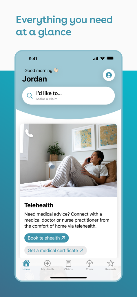 GU Health - Painel do aplicativo GU Health mostrando uma saudação personalizada e uma seção para agendar serviços de telessaúde.