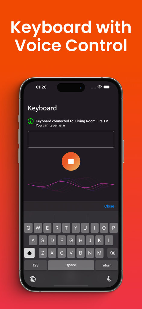 Remote for Firestick · Fire TV - Schermata dell'iPhone che mostra l'interfaccia della tastiera e del controllo vocale per l'app del telecomando Fire TV.