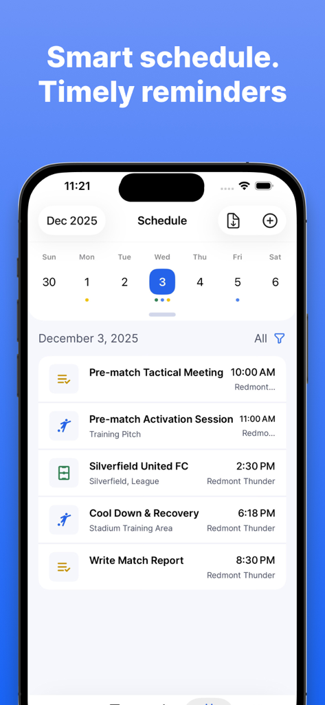 Smart Soccer Coach++ - A mobile app interface showing a soccer coach daily schedule with match day events and tactical meetings.