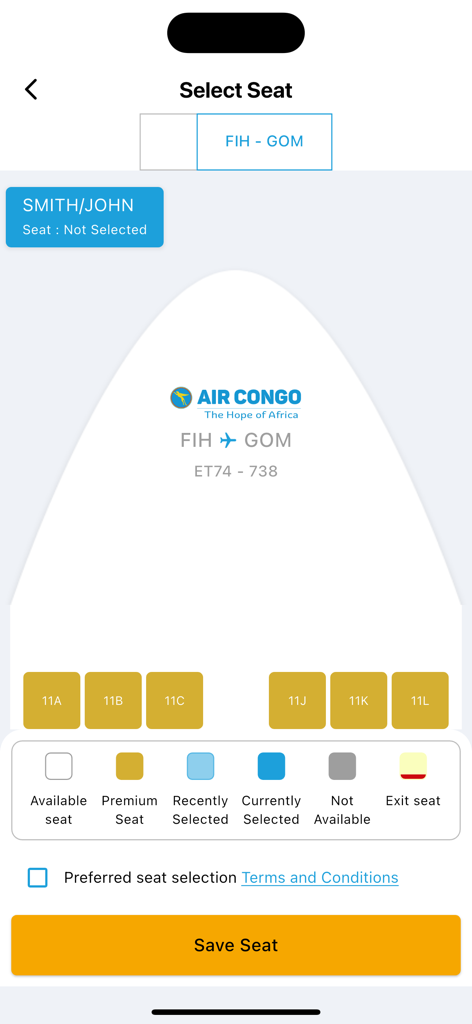 Air Congo - Schermata di selezione del posto dell'app Air Congo che mostra una mappa dei posti per un volo da Kinshasa a Goma